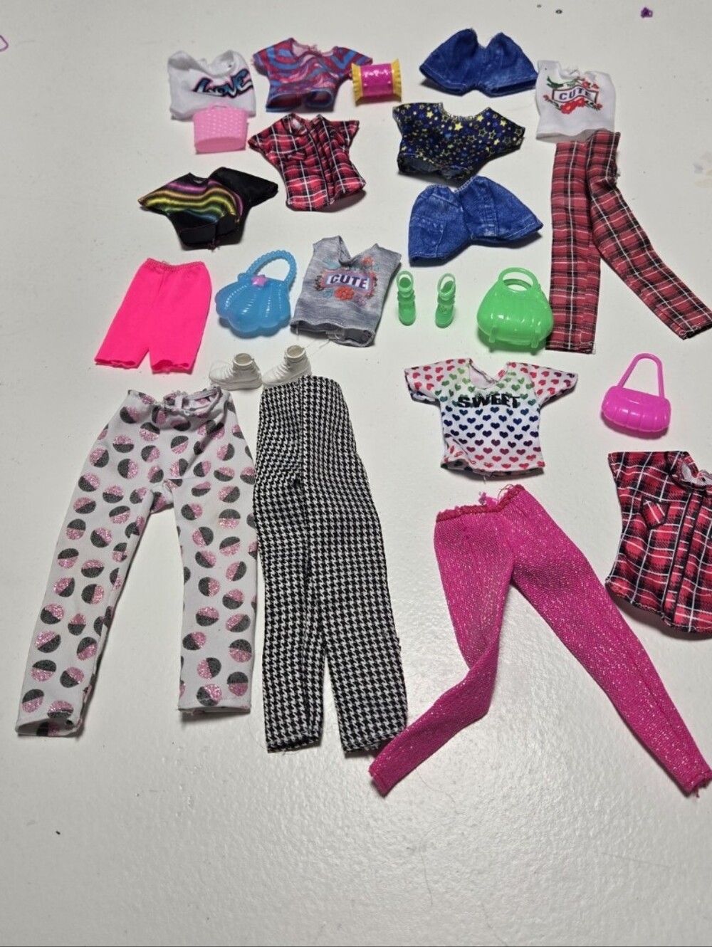 Lot Of Barbie Clothes 4 pants 3 shorts 9 shirts 2 pairs shoes 5 purses